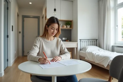 Jeune femme dans un studio lumineux consulte ses documents de location