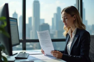 Jeune femme professionnelle examine un rapport geohazard au bureau