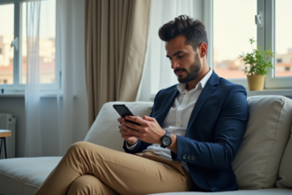 Jeune homme marocain consulte annonces sur smartphone dans son appartement