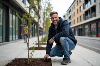 Homme plantant des jeunes arbres dans un quartier urbain en renovation