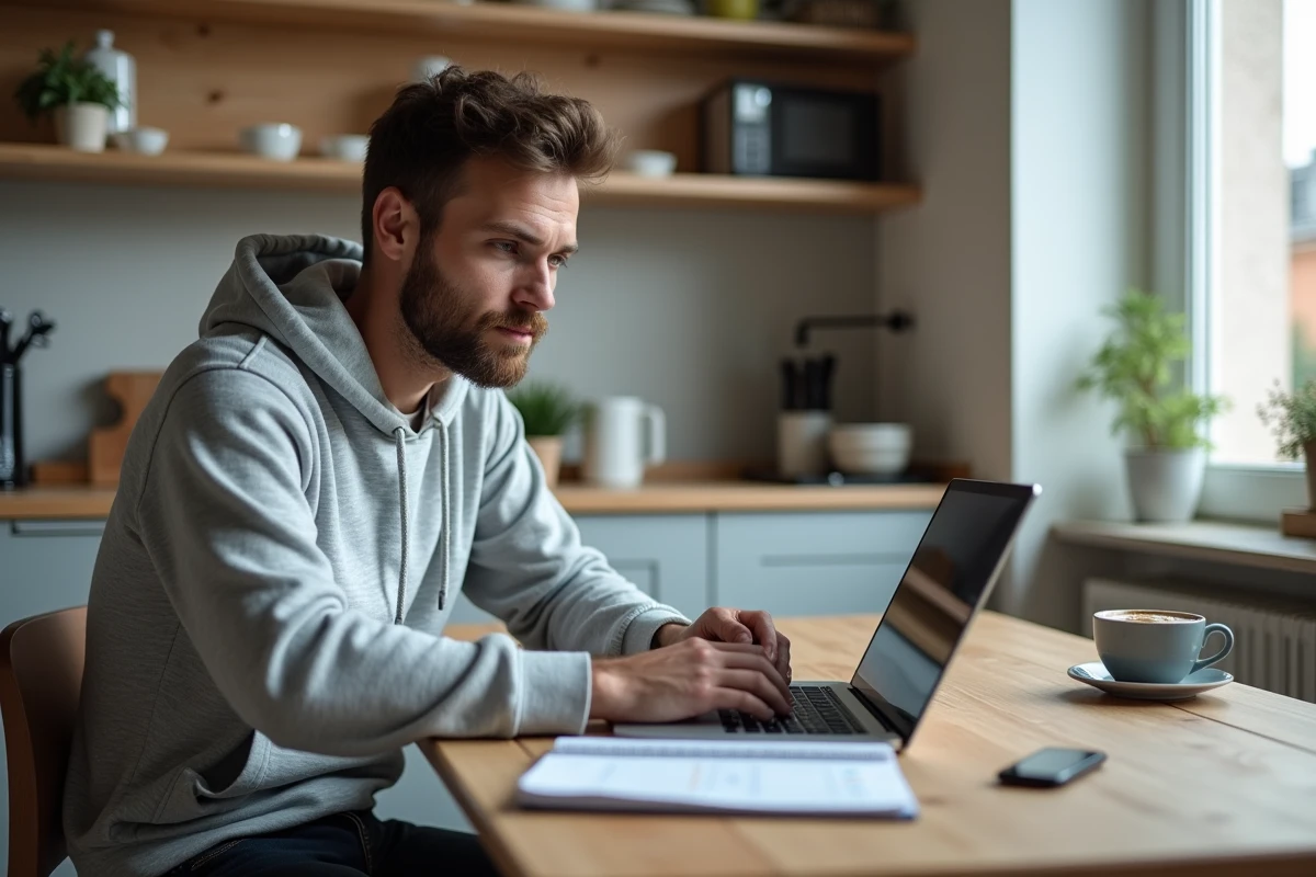 Jeune homme calculant son budget immobilier et simulant son éligibilité au PSLA depuis son appartement à Toulouse