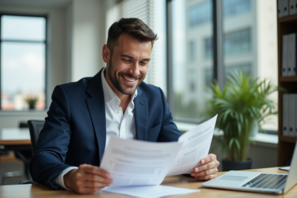 Jeune homme en costume examine contrats de location et achat