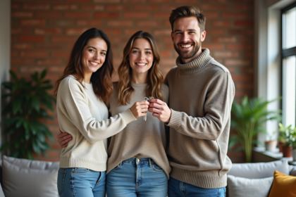 Trois jeunes adultes souriants dans un salon accueillant