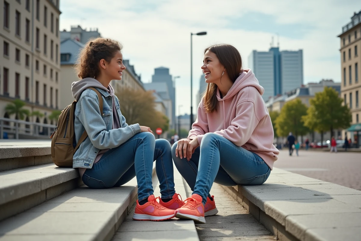 Deux adolescentes discutent sur les escaliers de la cité