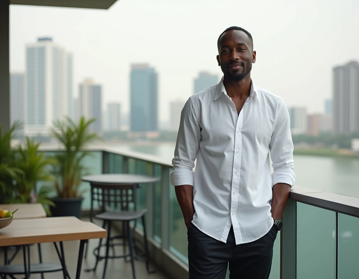 Homme en tenue décontractée chic sur le balcon d'un appartement haut de gamme à Abidjan avec vue sur le plateau et la lagune