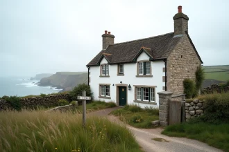 Maison normande en pierre à vendre au bord de la mer avec vue sur la Manche et falaises en arrière-plan