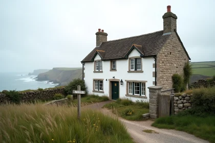 Maison normande en pierre à vendre au bord de la mer avec vue sur la Manche et falaises en arrière-plan