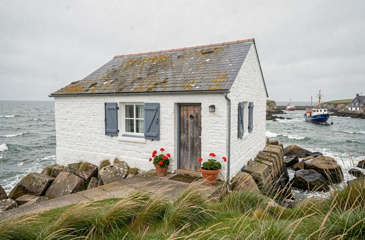 Petite maison de pêcheur bretonne en pierre blanche avec volets bleus en bord de mer, côte rocheuse Bretagne