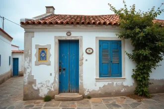 Petite maison de pêcheur blanchie à la chaux avec volets bleus dans un village côtier isolé du Portugal