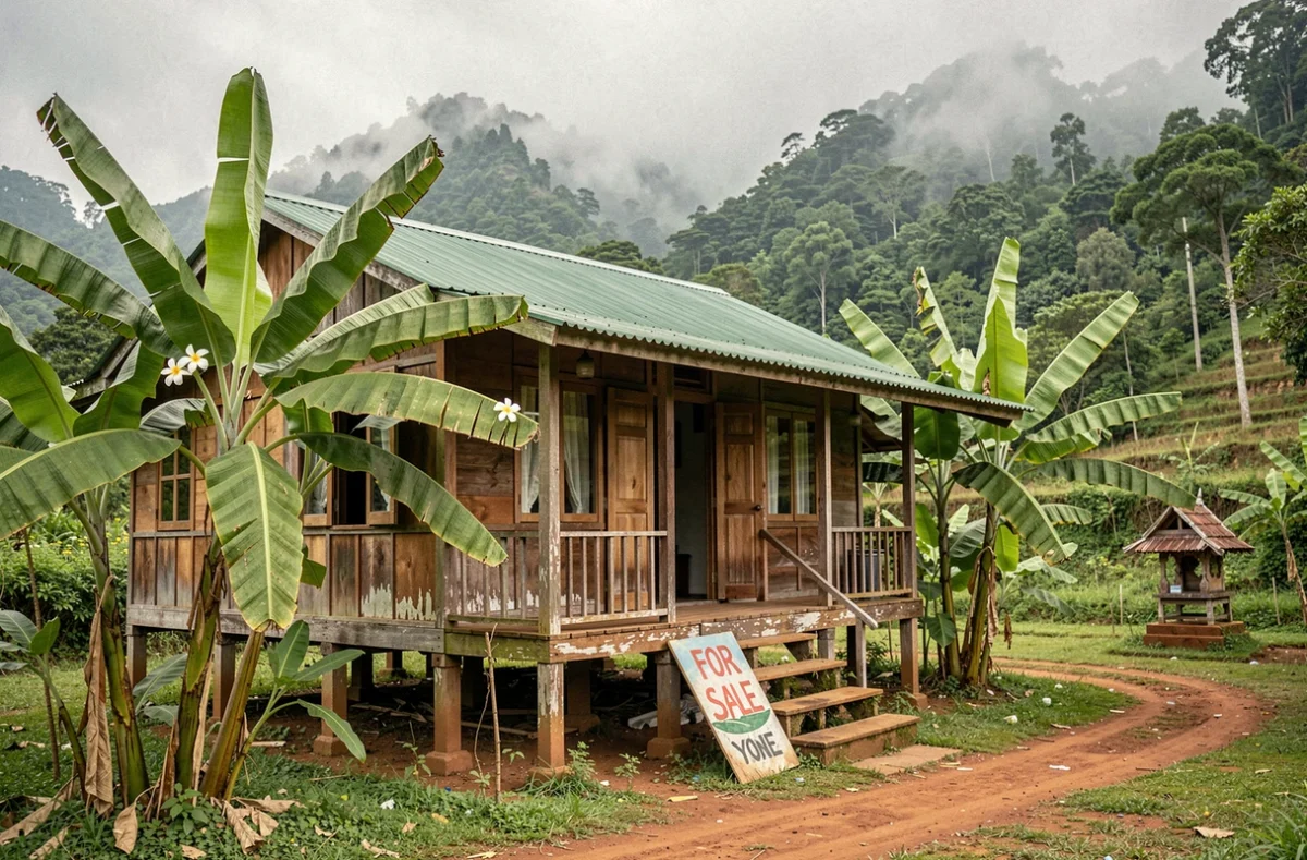 Maison traditionnelle thaïlandaise en bois avec panneau à vendre dans la campagne verdoyante du nord de la Thaïlande