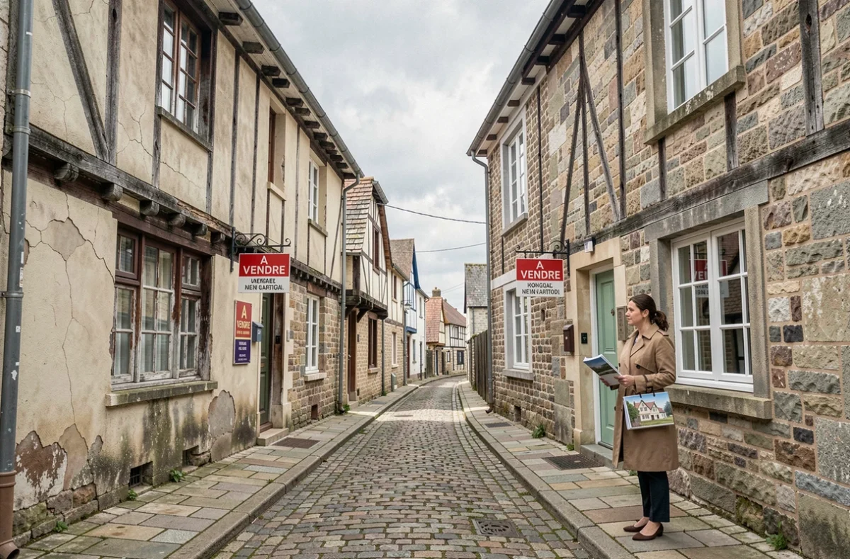 Rue normande en bord de mer avec deux maisons à vendre aux états contrastés, illustrant les risques d'achat immobilier
