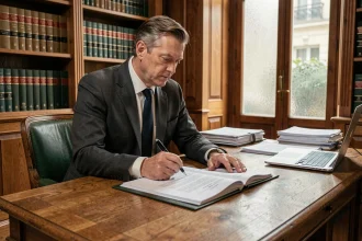 Marchand de bien analysant des documents notariaux dans un bureau classique parisien