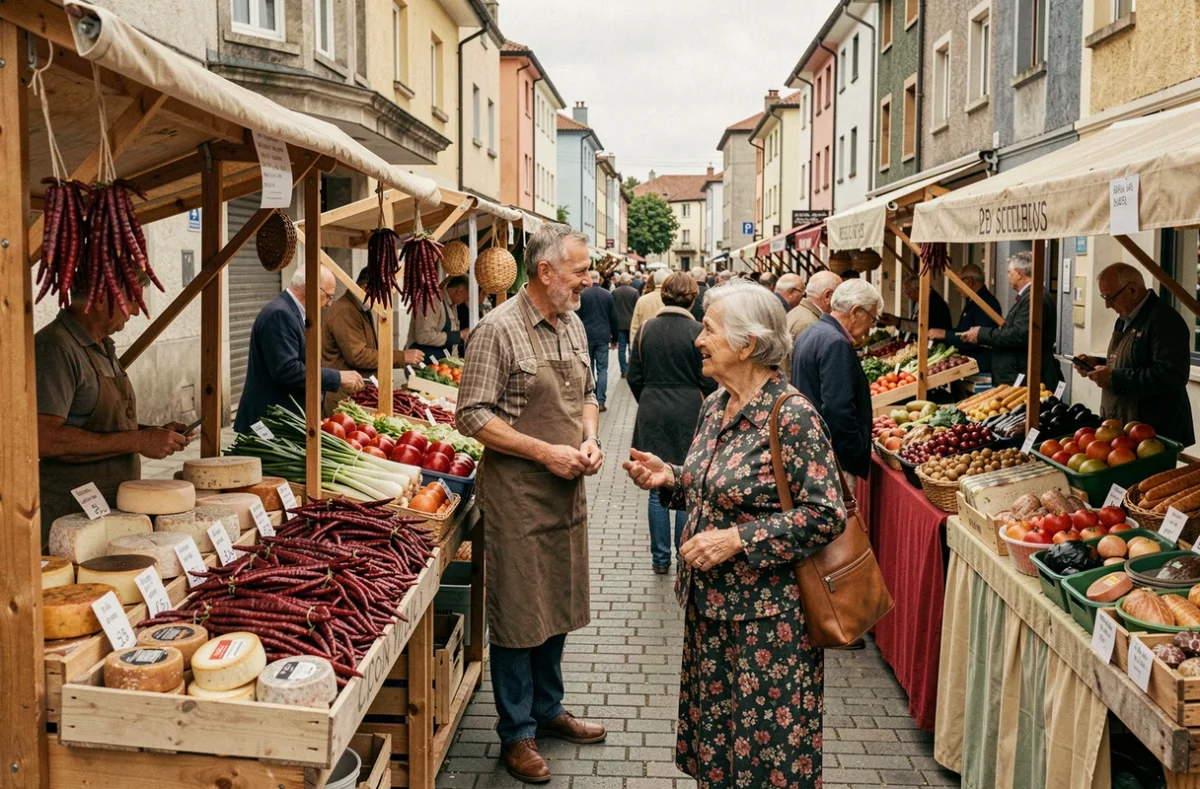 Marché de proximité animé dans un quartier abordable de Bayonne avec commerces et habitants locaux