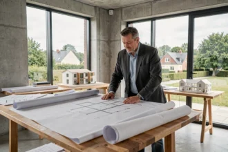 Architecte professionnel en Seine-et-Marne examinant des plans dans un studio contemporain
