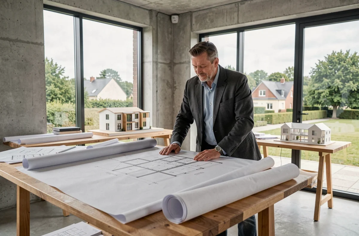 Architecte professionnel en Seine-et-Marne examinant des plans dans un studio contemporain