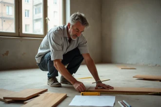 Homme mesurant des lames de parquet dans un appartement en rénovation pour calculer la surface en m2
