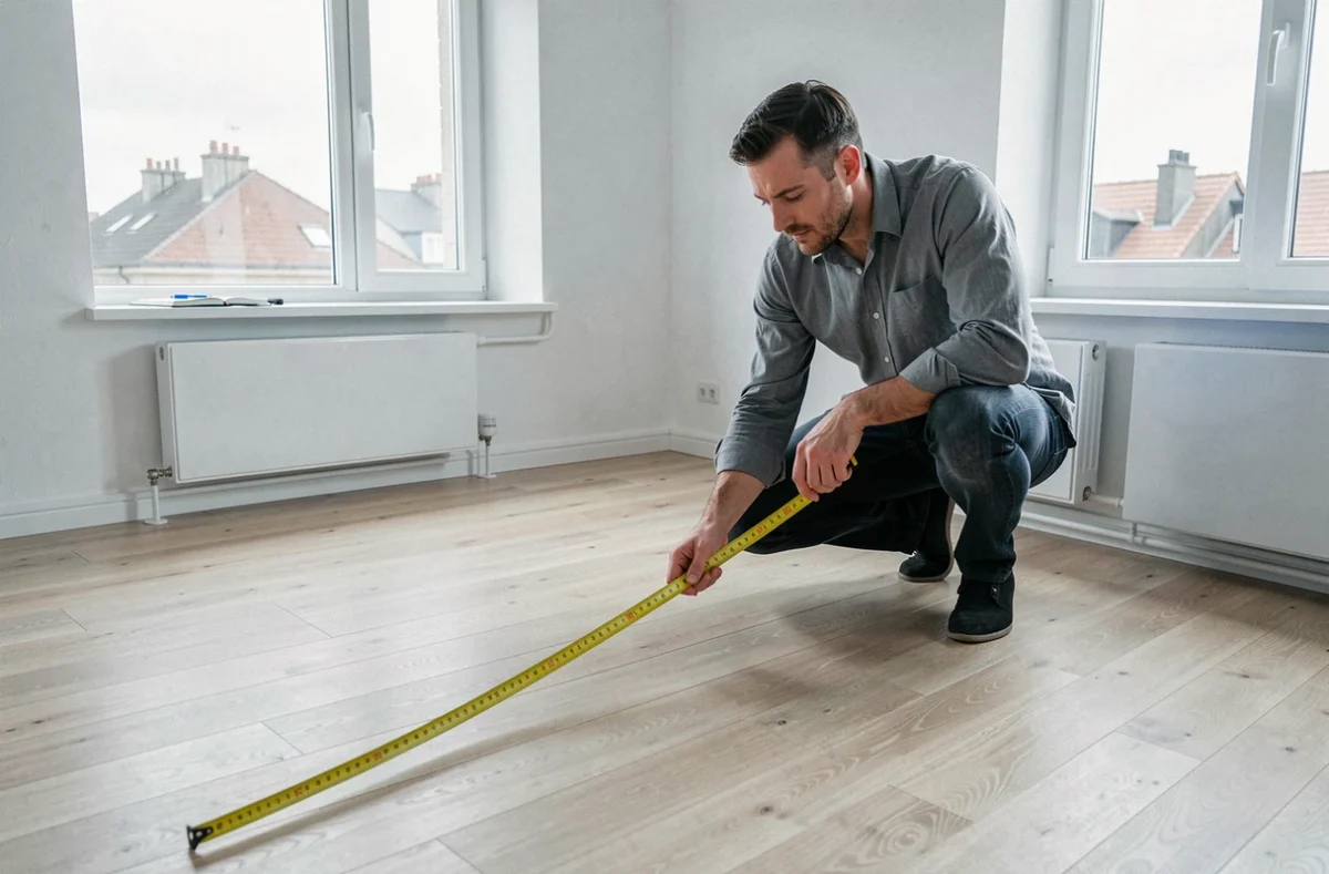 Homme mesurant la superficie en mètres carrés d'un appartement vide avec un mètre ruban avant une renégociation de prix de vente