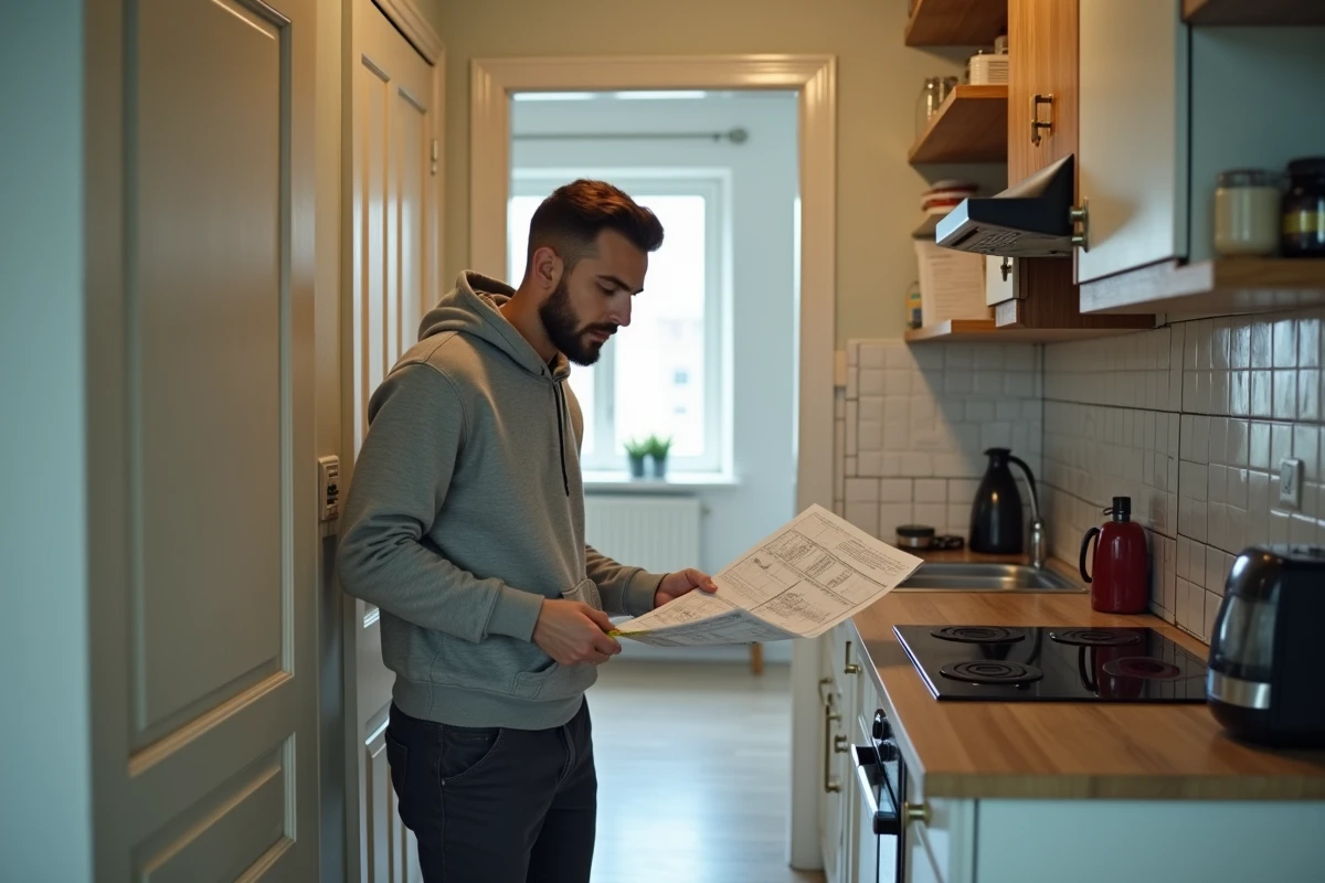 Étudiant mesurant la surface d'un petit appartement meublé avec un mètre ruban