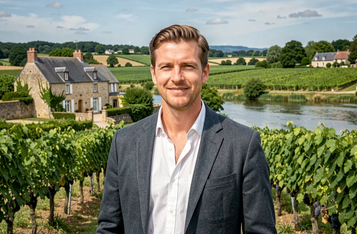 Gestionnaire de Ndb Invest devant une propriété résidentielle à Saint-Julien-de-Concelles avec les vignobles de Loire en arrière-plan