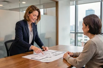 Agent immobilière pointant un plan de surface en m² lors d'une négociation de loyer avec un client dans une agence moderne