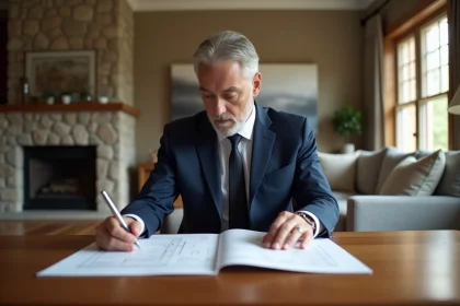 Notaire en costume examinant des plans dans un salon lumineux