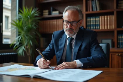 Notaire examinant des documents de vente de parcelle de terrain avec cadastre sur son bureau