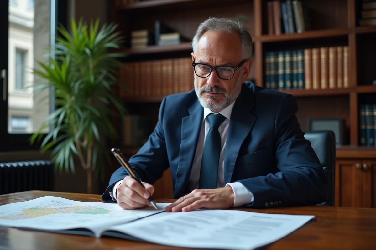 Notaire examinant des documents de vente de parcelle de terrain avec cadastre sur son bureau
