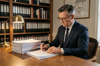 Notaire examinant des documents officiels liés aux frais de notaire pour une construction neuve dans son bureau