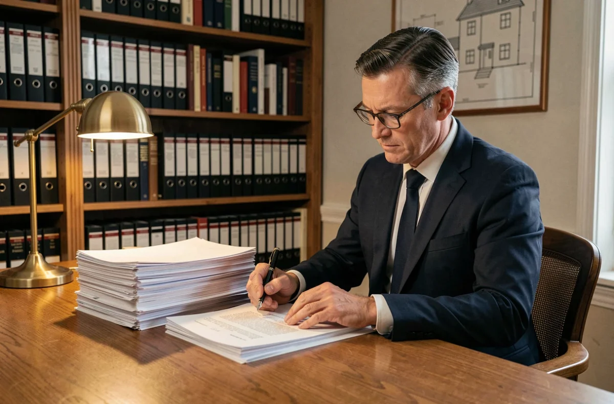 Notaire examinant des documents officiels liés aux frais de notaire pour une construction neuve dans son bureau