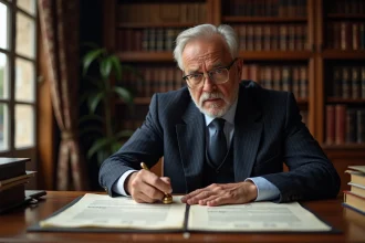 Notaire à Limoges tamponnant un document de succession dans son étude traditionnelle