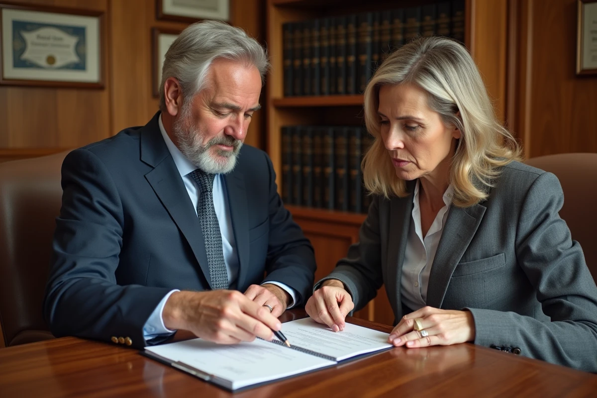 Propriétaire et notaire consultant un document de servitude lors d'un rendez-vous juridique immobilier