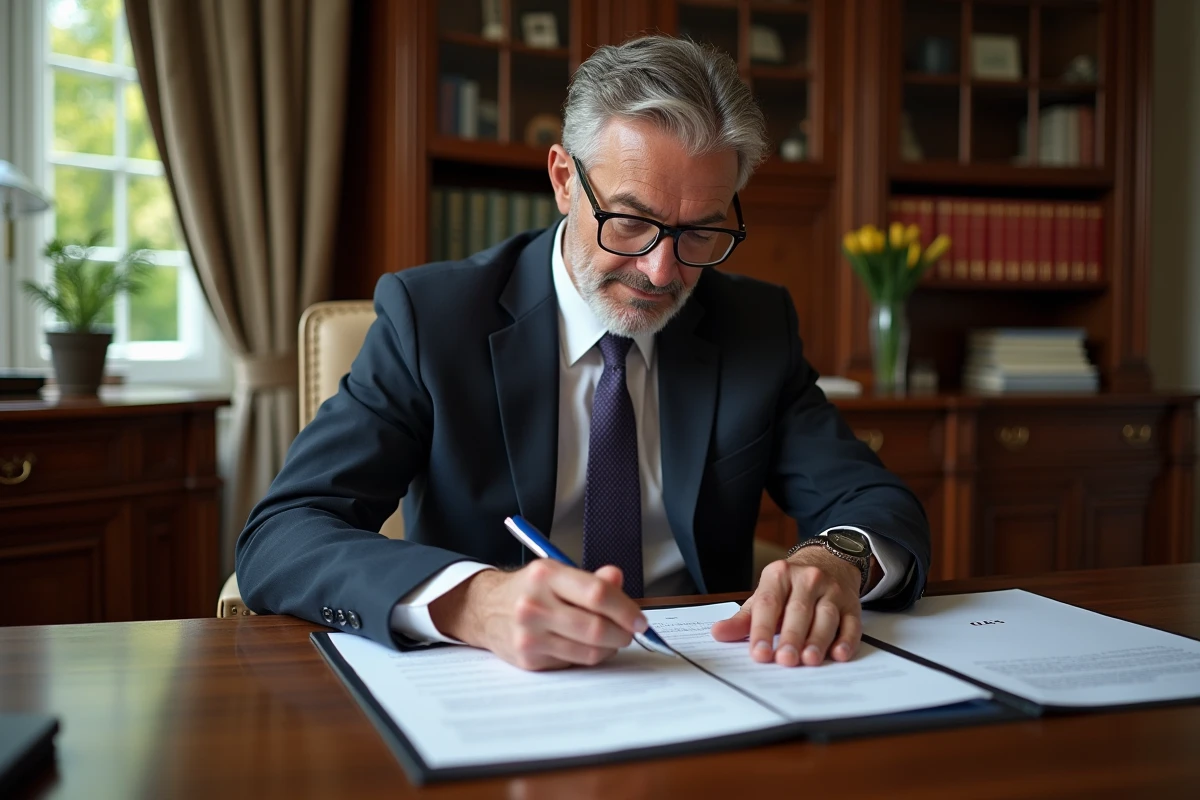 Notaire examinant un contrat dans son bureau