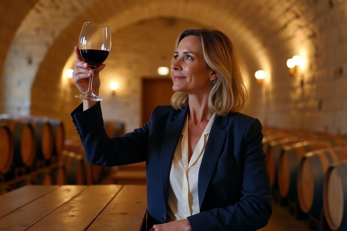 Œnologue dégustant un vin rouge de Saint-Émilion dans une cave calcaire du Libournais