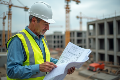Ouvrier de construction vérifiant des plans sur un chantier urbain