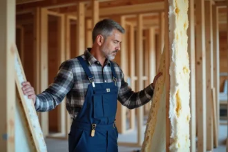 Ouvrier en construction inspectant l'isolation dans une maison en bois