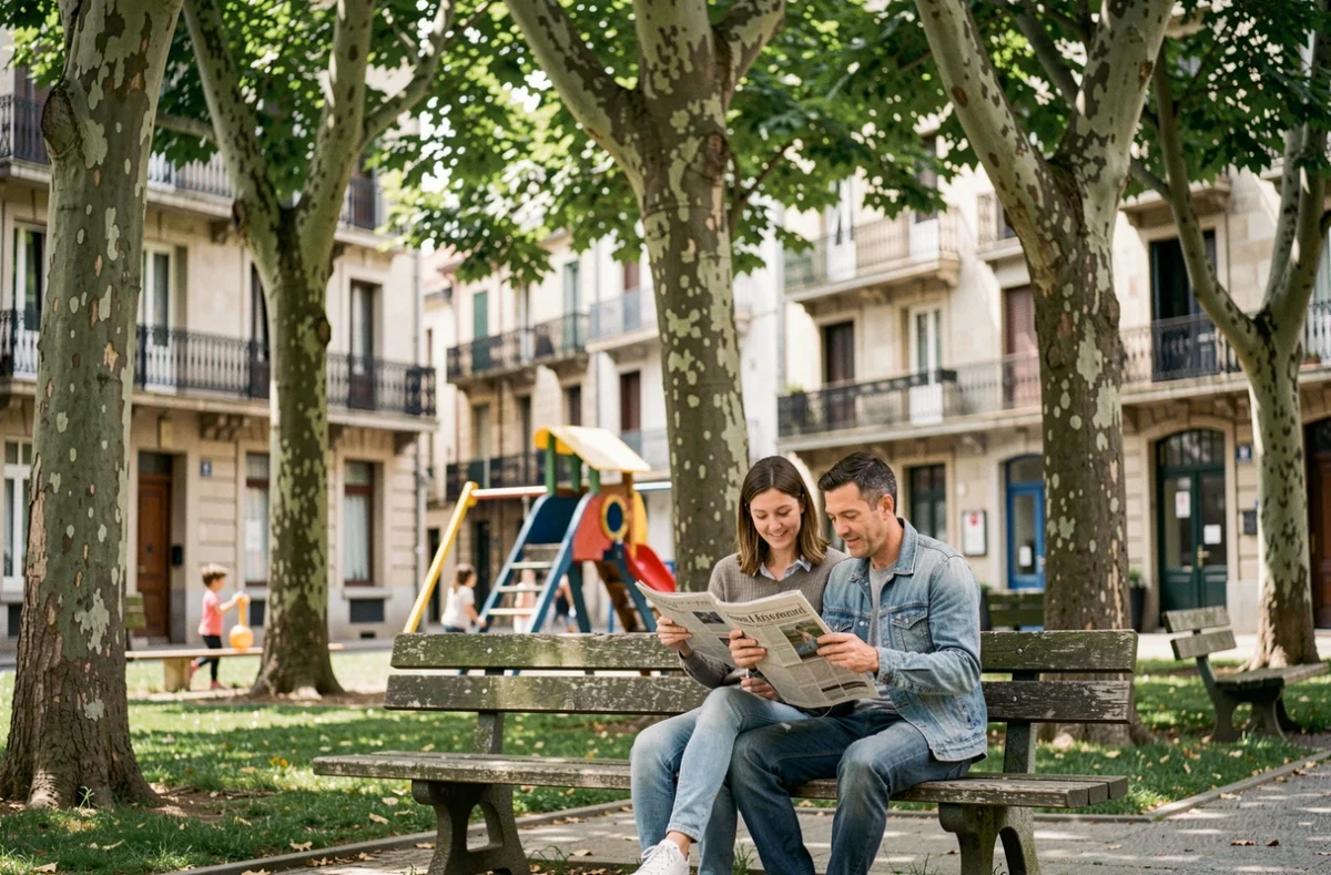Parc de quartier tranquille à Bayonne avec habitants profitant d'un espace vert résidentiel abordable