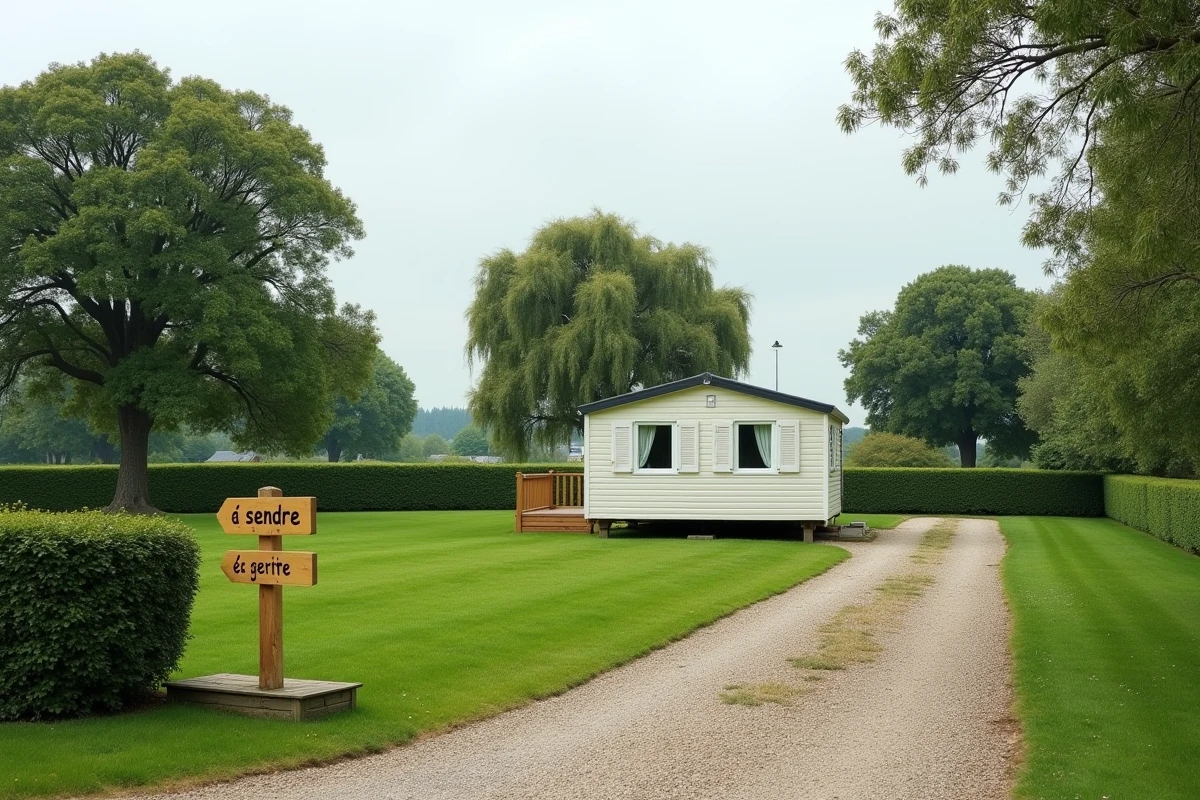 Parcelle de terrain à vendre en campagne française avec mobil-home installé et panneau de vente