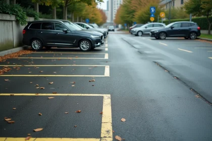 Vue en perspective d'un parking urbain en plein air avec marquage au sol des places standard et voitures garées
