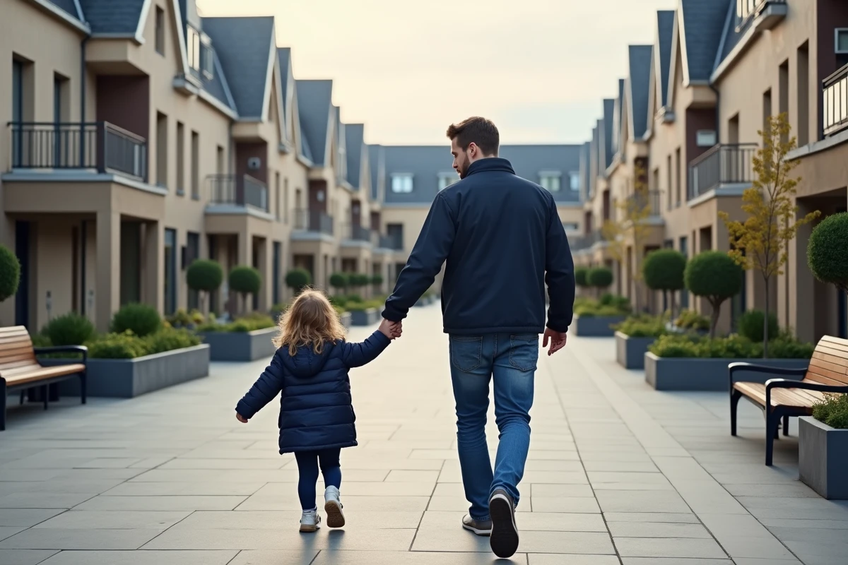 Père et fille traversant une place tranquille en Île-de-France