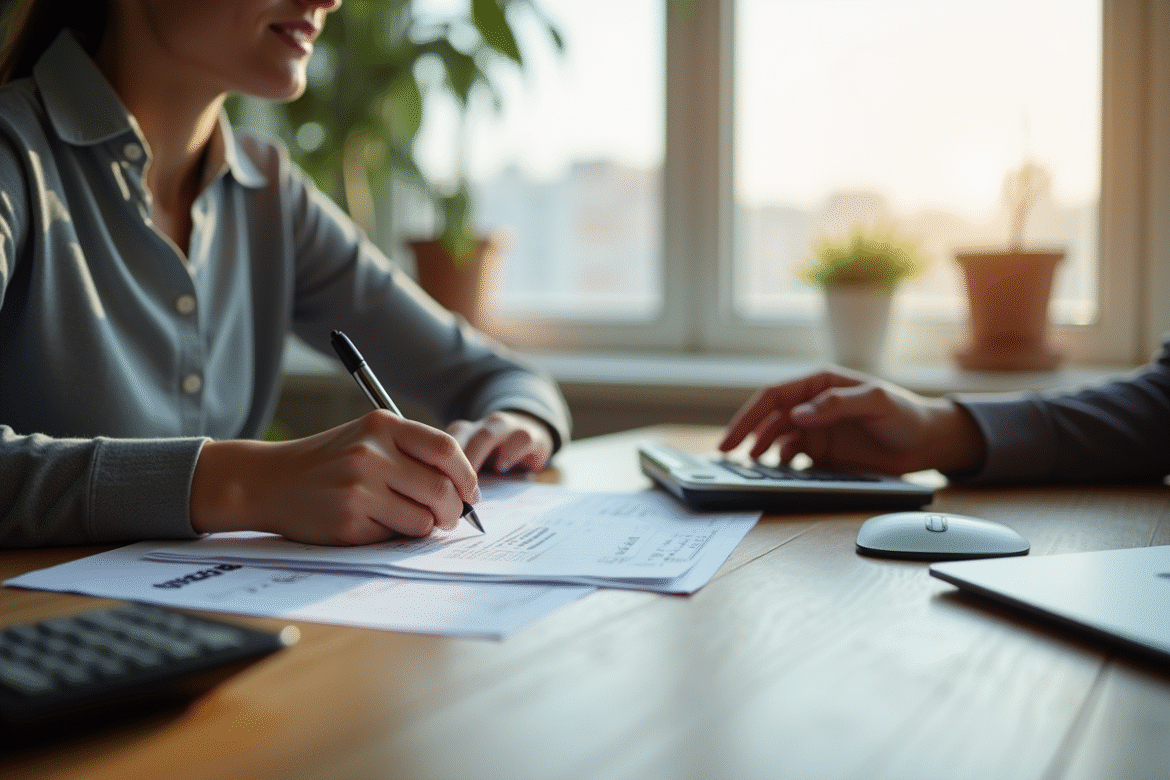 Personne travaillant à un bureau moderne avec documents fiscaux