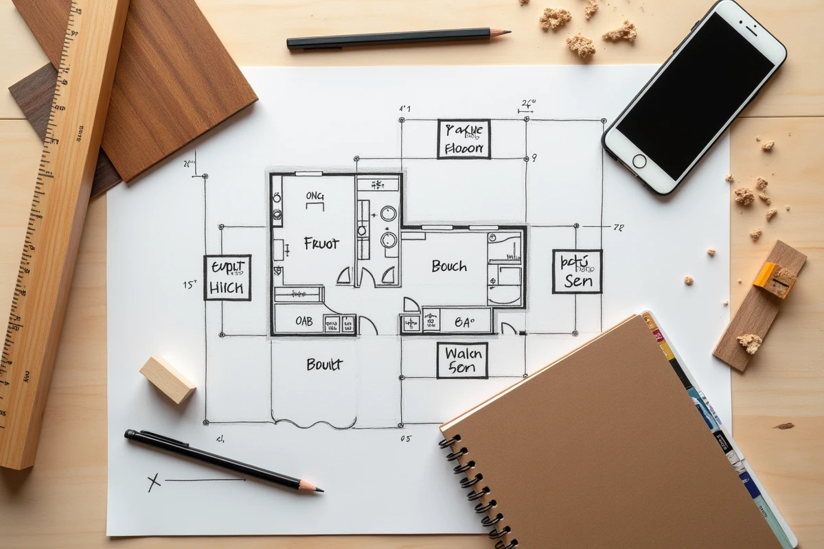 Vue de dessus d'un bureau avec plan au sol, échantillons de parquet et calculateur de m2 sur smartphone