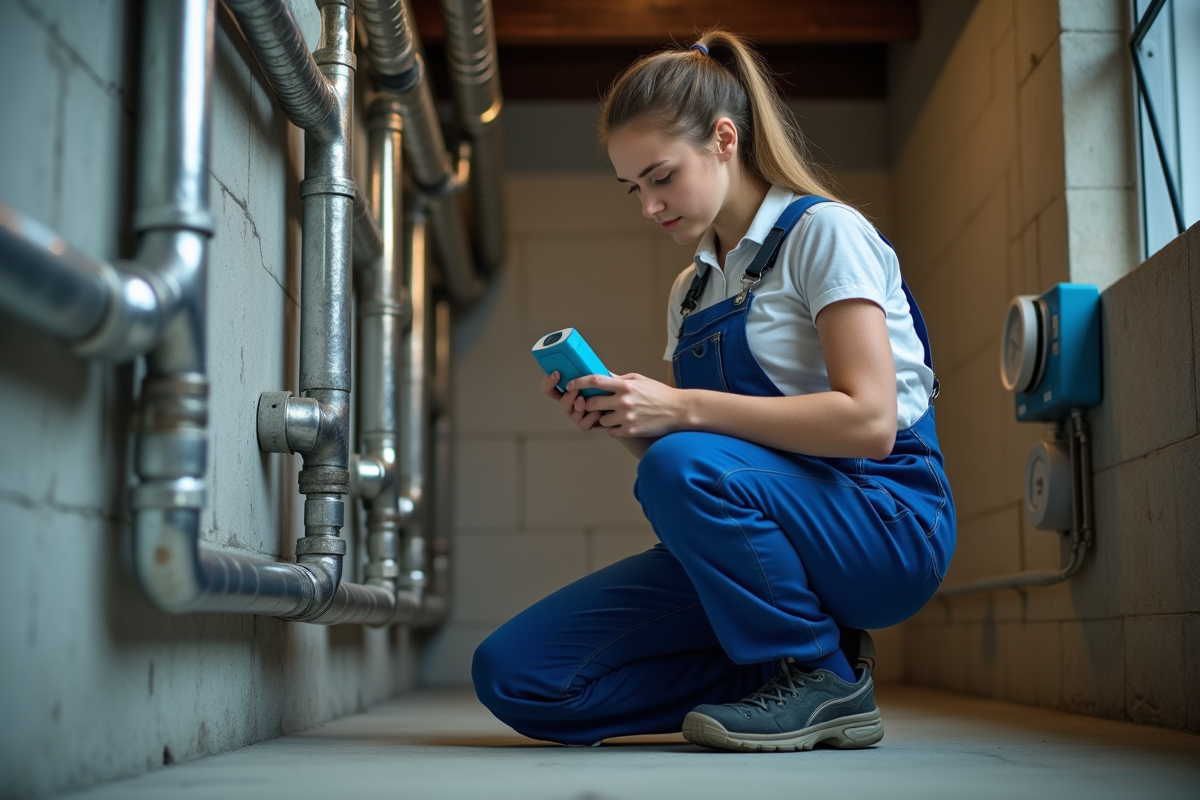 Jeune plombier inspectant des tuyaux dans un sous-sol communal