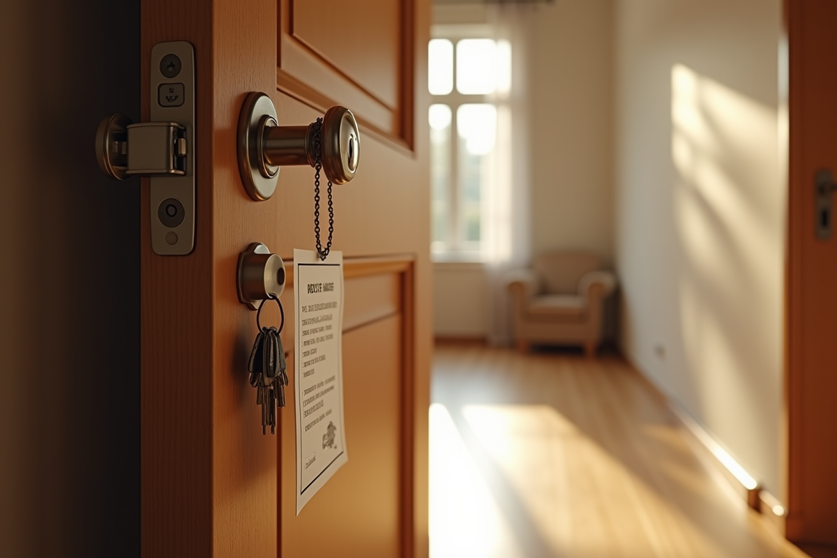 Porte d appartement avec serrure clés et avis officiel dans le couloir