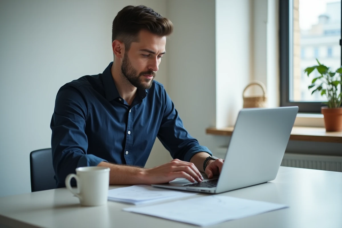Homme préparant une lettre de motivation pour dossier de location d'appartement sur ordinateur