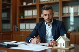 Professionnel de l'immobilier analysant des documents fiscaux liés à la TVA du marchand de biens dans un bureau de notaire