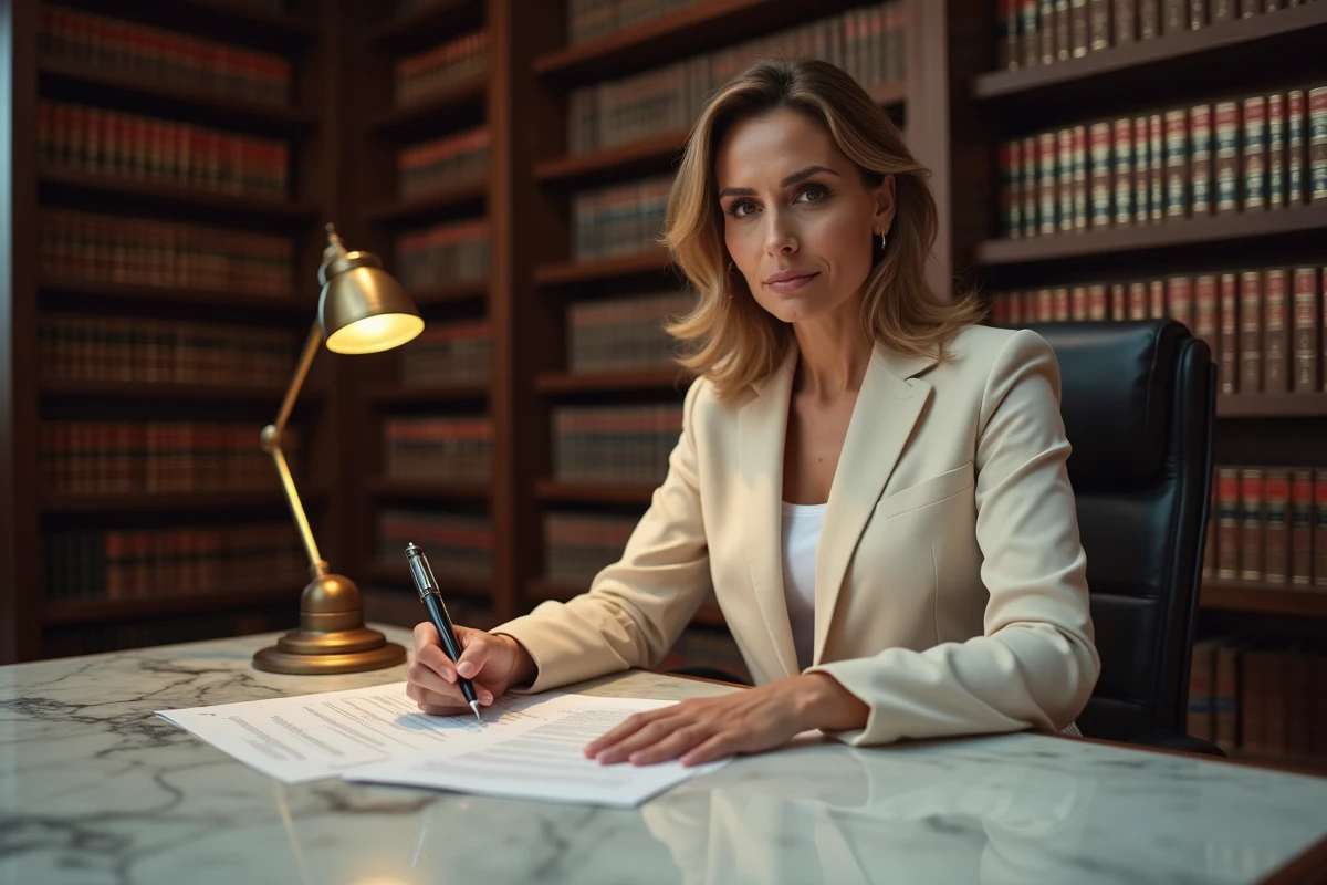 Professionnelle de l'immobilier analysant des documents d'estimation pour un bien rare dans un bureau de prestige