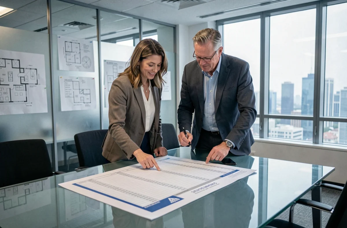 Professionnels immobiliers examinant un tableau de frais de notaire pour un achat en bloc