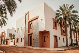 Immeuble neuf en programme immobilier à Marrakech avec façade blanche et détails en zellige traditionnel marocain
