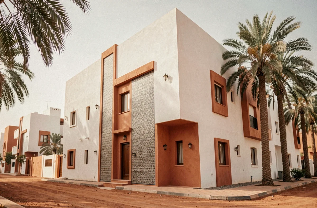 Immeuble neuf en programme immobilier à Marrakech avec façade blanche et détails en zellige traditionnel marocain