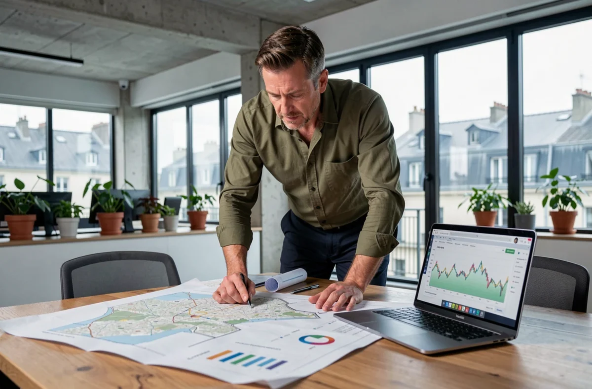 Promoteur immobilier analysant des plans et données du marché local dans un bureau moderne en 2026